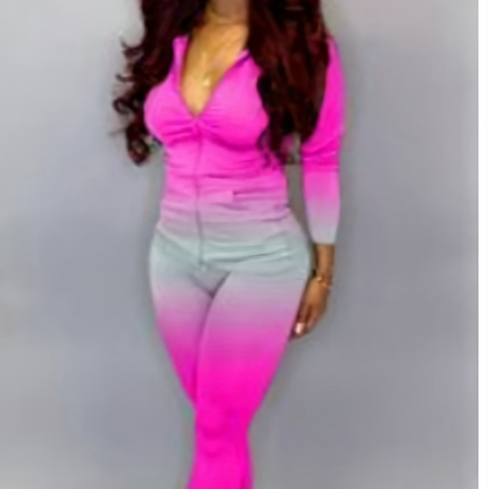 Ombre Zip Up Drawstring Hoodie & Pants Set